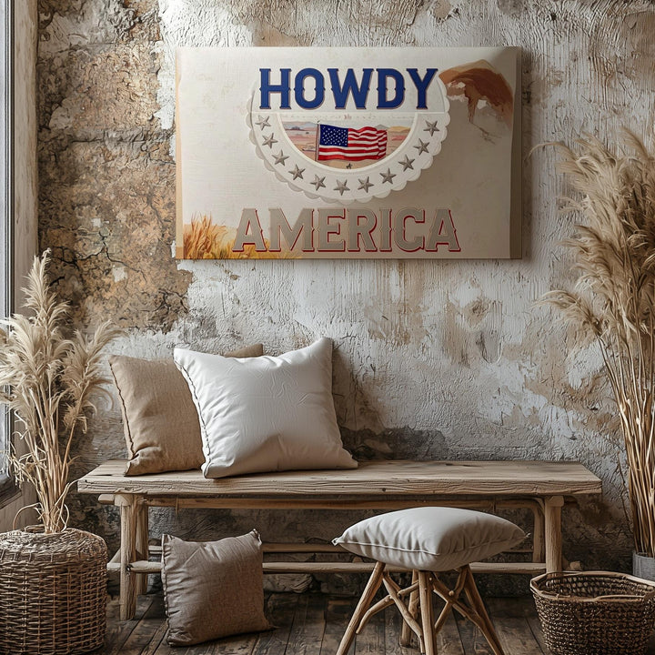 Howdy America Embroidery Canvas – Rustic Western Patriotic Wall Art - Gifitto