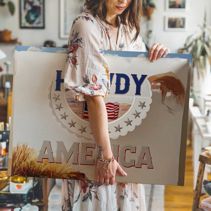 Howdy America Embroidery Canvas – Rustic Western Patriotic Wall Art - Gifitto