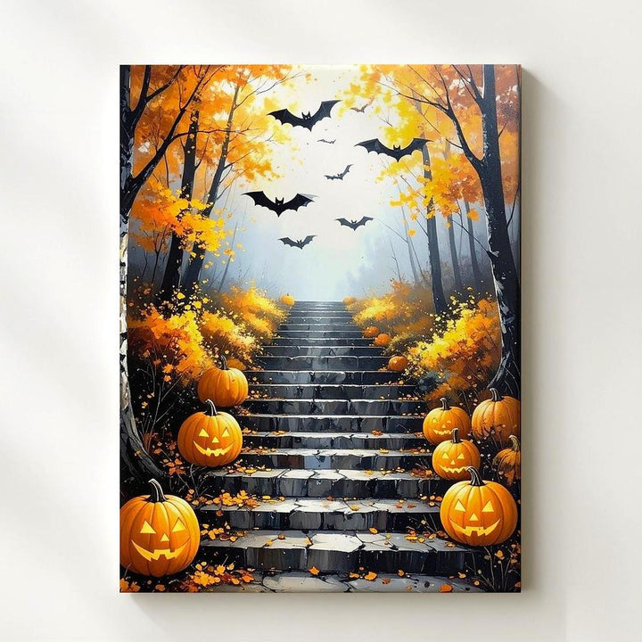 Golden Autumn Staircase Canvas – Glowing Pumpkins & Misty Halloween Forest - Gifitto