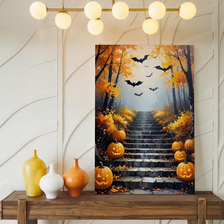 Golden Autumn Staircase Canvas – Glowing Pumpkins & Misty Halloween Forest - Gifitto