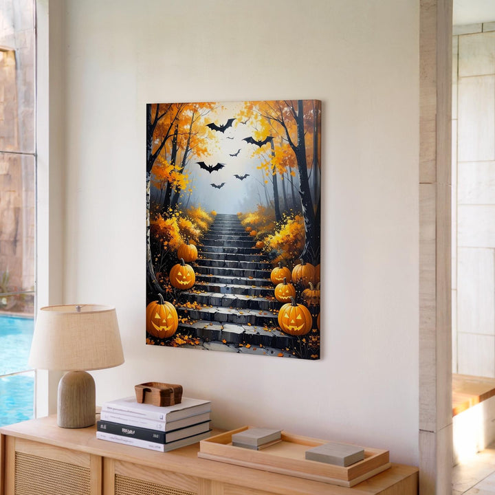 Golden Autumn Staircase Canvas – Glowing Pumpkins & Misty Halloween Forest - Gifitto