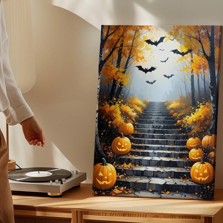Golden Autumn Staircase Canvas – Glowing Pumpkins & Misty Halloween Forest - Gifitto