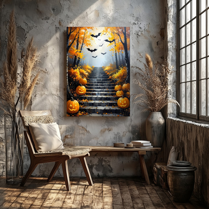 Golden Autumn Staircase Canvas – Glowing Pumpkins & Misty Halloween Forest - Gifitto