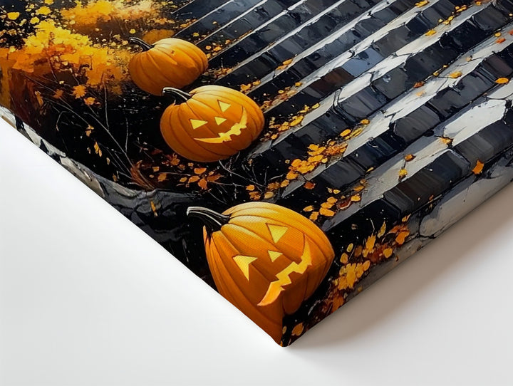 Golden Autumn Staircase Canvas – Glowing Pumpkins & Misty Halloween Forest - Gifitto