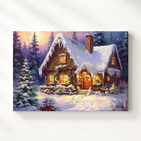 Storybook Christmas Cottage Canvas – Magical Winter Holiday Art - Gifitto