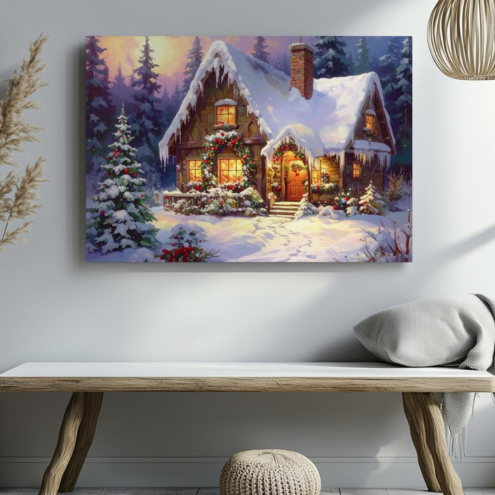 Storybook Christmas Cottage Canvas – Magical Winter Holiday Art - Gifitto