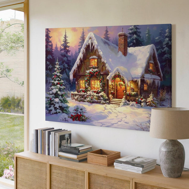 Storybook Christmas Cottage Canvas – Magical Winter Holiday Art - Gifitto