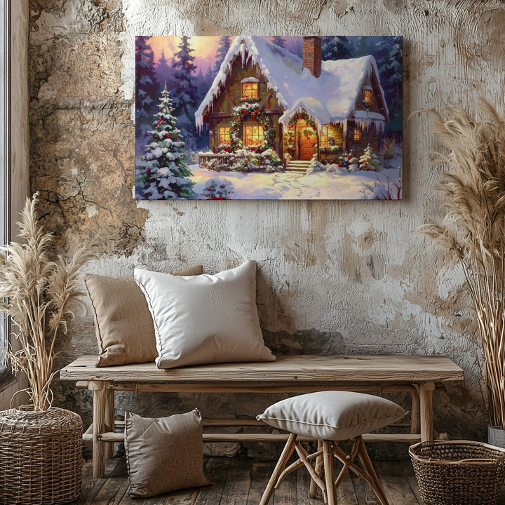 Storybook Christmas Cottage Canvas – Magical Winter Holiday Art - Gifitto