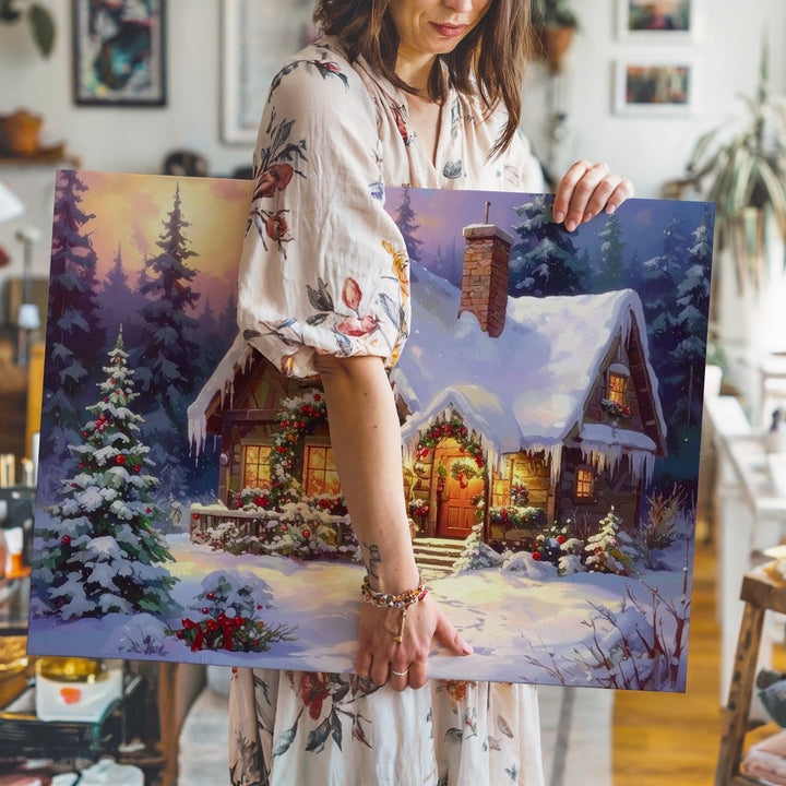 Storybook Christmas Cottage Canvas – Magical Winter Holiday Art - Gifitto