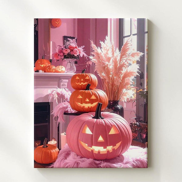 Modern Boho Halloween Canvas – Pink & Orange Jack-o’-Lanterns & Pampas Grass - Gifitto
