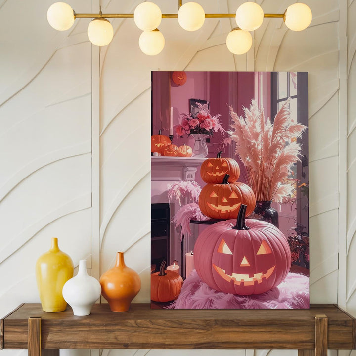 Modern Boho Halloween Canvas – Pink & Orange Jack-o’-Lanterns & Pampas Grass - Gifitto