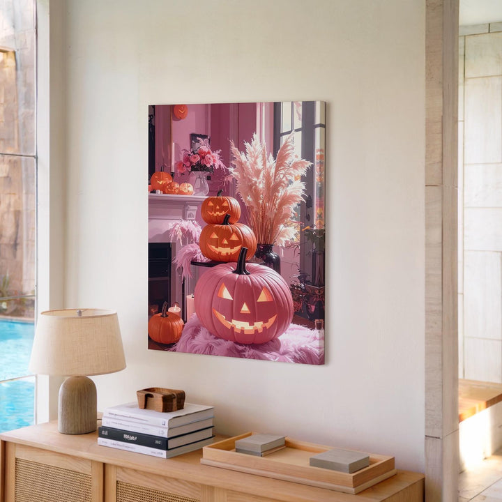 Modern Boho Halloween Canvas – Pink & Orange Jack-o’-Lanterns & Pampas Grass - Gifitto