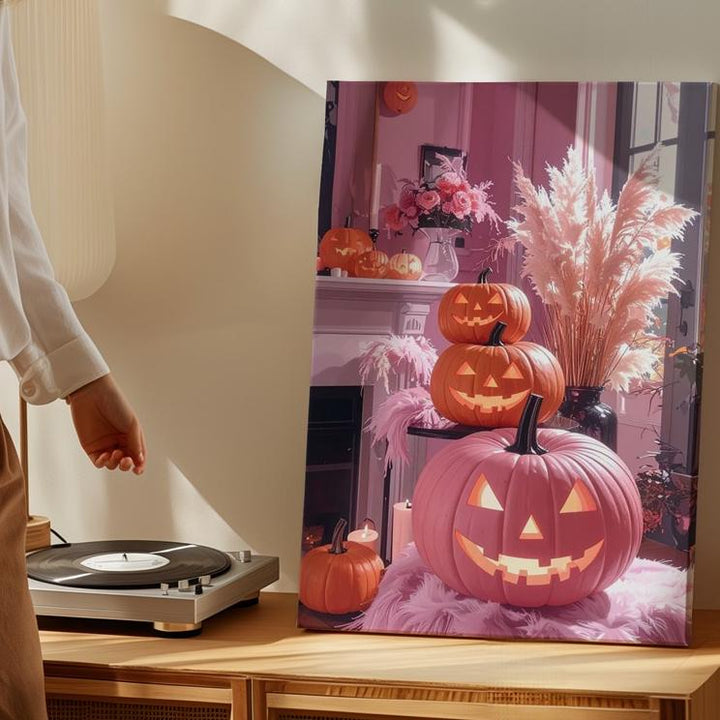 Modern Boho Halloween Canvas – Pink & Orange Jack-o’-Lanterns & Pampas Grass - Gifitto