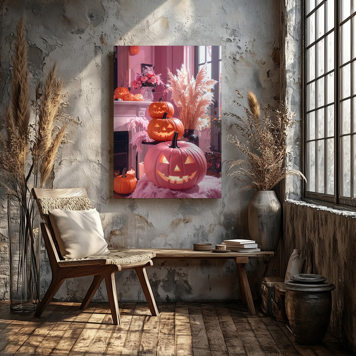 Modern Boho Halloween Canvas – Pink & Orange Jack-o’-Lanterns & Pampas Grass - Gifitto