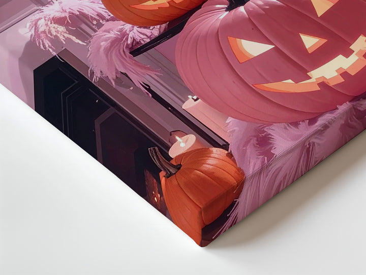Modern Boho Halloween Canvas – Pink & Orange Jack-o’-Lanterns & Pampas Grass - Gifitto