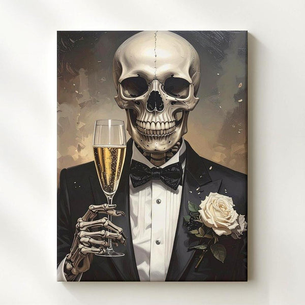 Dapper Skeleton Celebration Canvas – Elegant Halloween Toast & Gothic Party Art - Gifitto