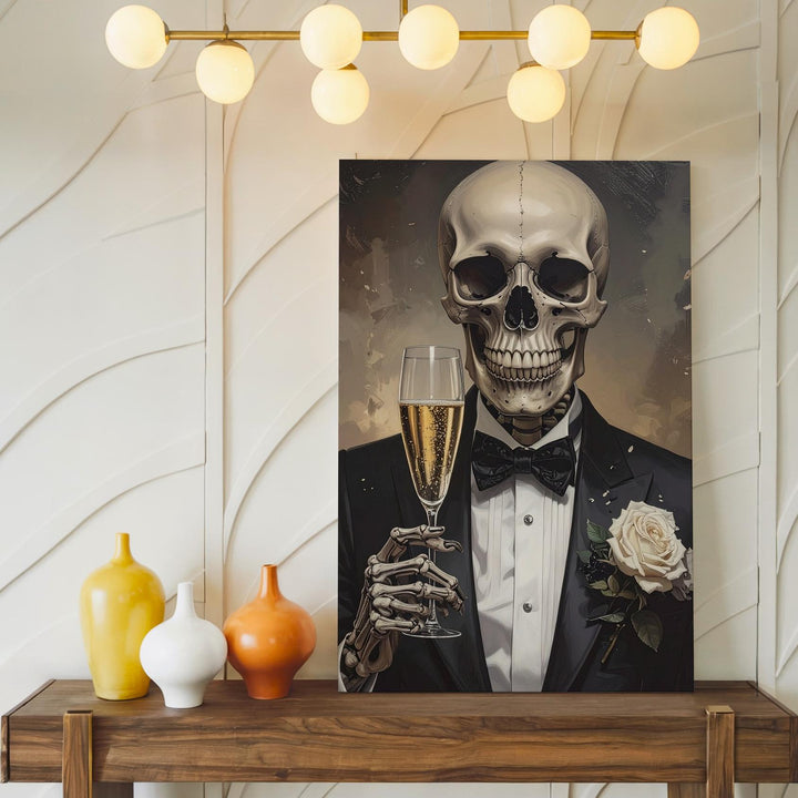Dapper Skeleton Celebration Canvas – Elegant Halloween Toast & Gothic Party Art - Gifitto