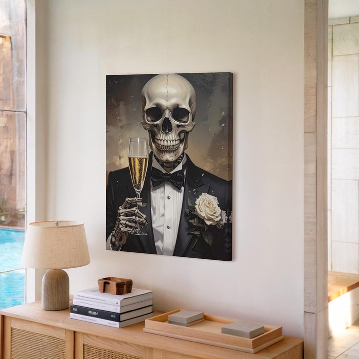 Dapper Skeleton Celebration Canvas – Elegant Halloween Toast & Gothic Party Art - Gifitto