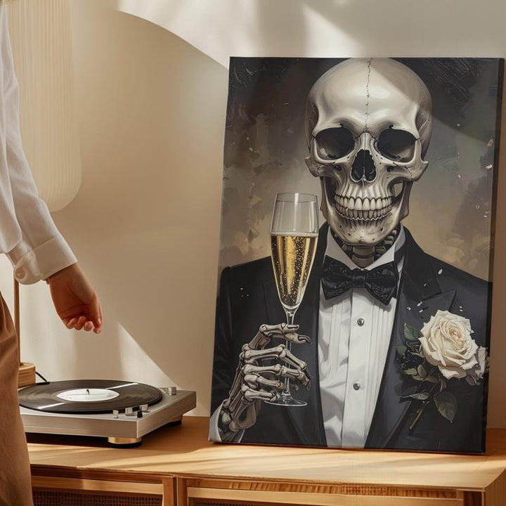 Dapper Skeleton Celebration Canvas – Elegant Halloween Toast & Gothic Party Art - Gifitto