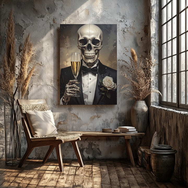 Dapper Skeleton Celebration Canvas – Elegant Halloween Toast & Gothic Party Art - Gifitto