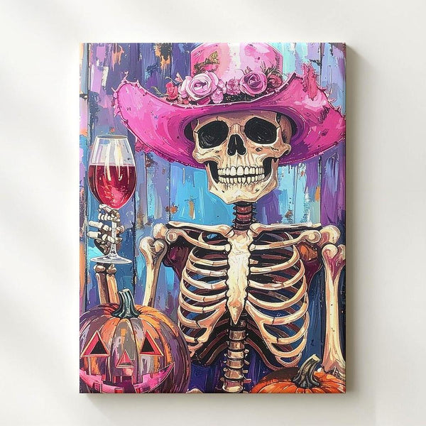 Victorian Skeleton Lady Canvas – Pink Hat Halloween Art with Wine & Elegance - Gifitto