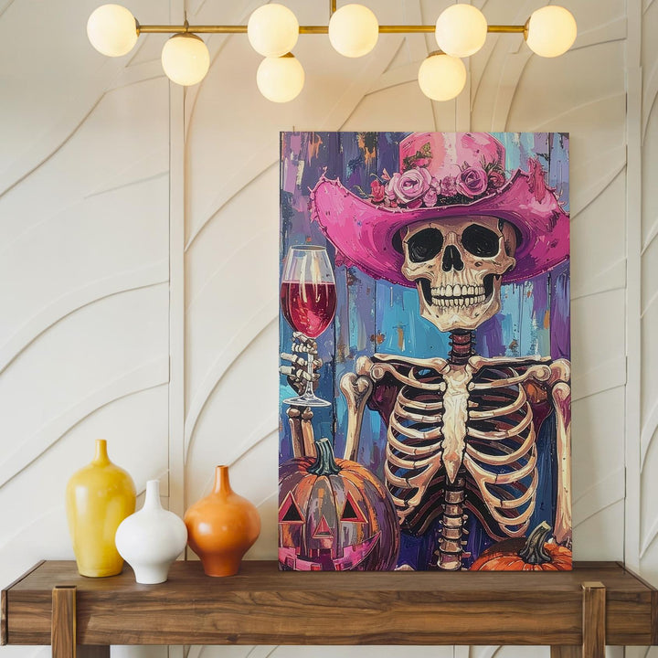 Victorian Skeleton Lady Canvas – Pink Hat Halloween Art with Wine & Elegance - Gifitto