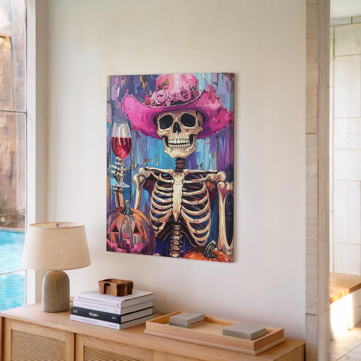 Victorian Skeleton Lady Canvas – Pink Hat Halloween Art with Wine & Elegance - Gifitto