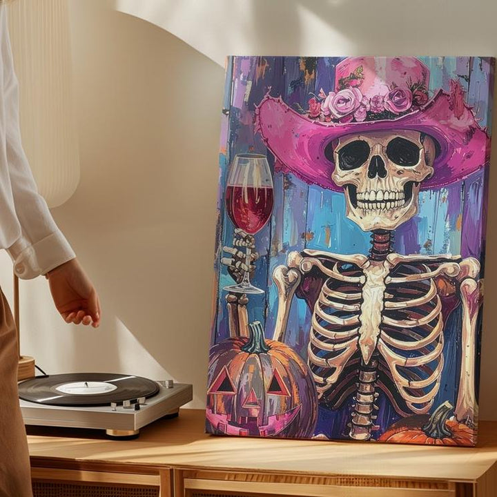 Victorian Skeleton Lady Canvas – Pink Hat Halloween Art with Wine & Elegance - Gifitto