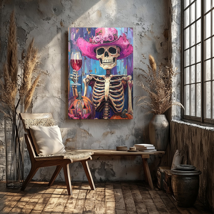 Victorian Skeleton Lady Canvas – Pink Hat Halloween Art with Wine & Elegance - Gifitto