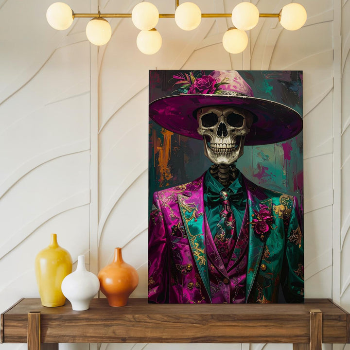 Fuchsia Cowgirl Skeleton Canvas – Lantern & Pumpkin Western Halloween Art - Gifitto