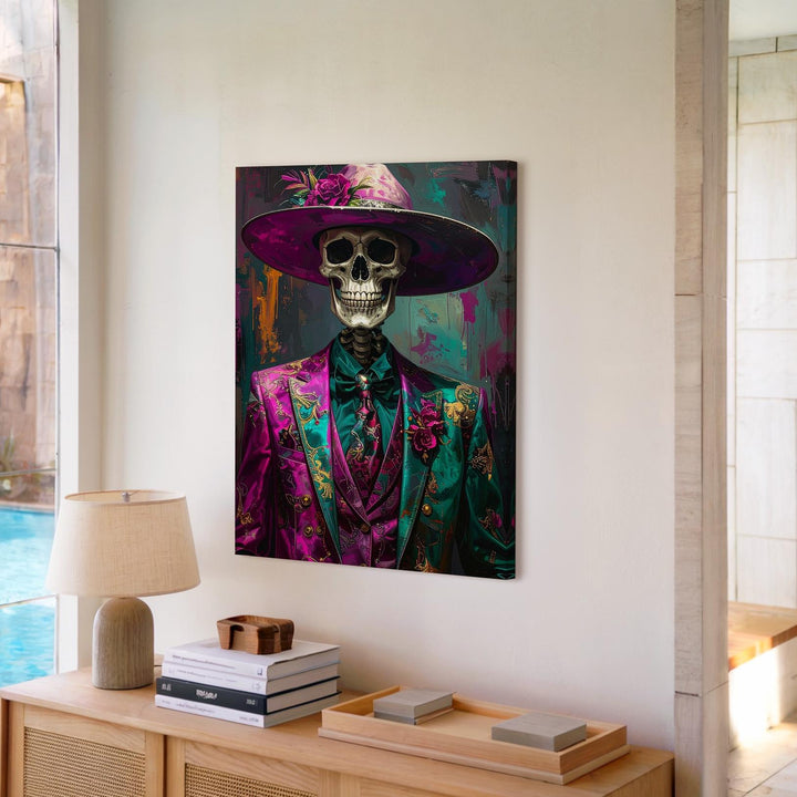 Fuchsia Cowgirl Skeleton Canvas – Lantern & Pumpkin Western Halloween Art - Gifitto