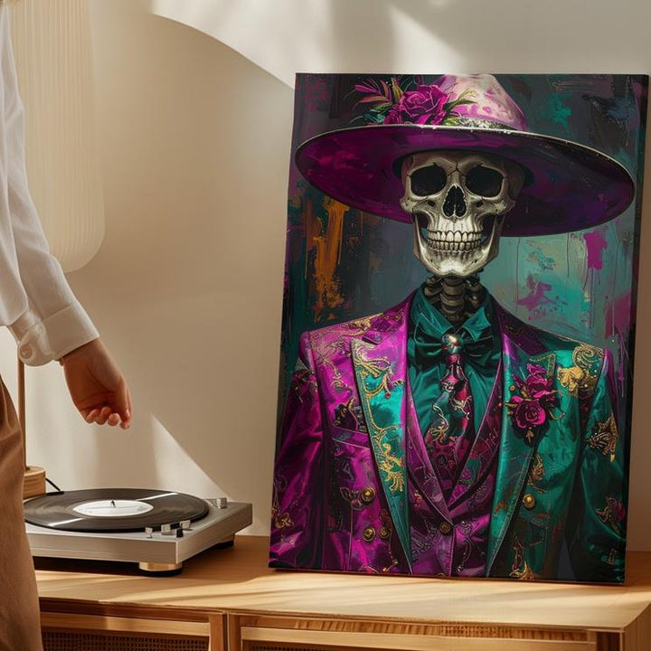 Fuchsia Cowgirl Skeleton Canvas – Lantern & Pumpkin Western Halloween Art - Gifitto