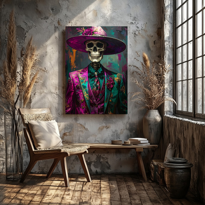 Fuchsia Cowgirl Skeleton Canvas – Lantern & Pumpkin Western Halloween Art - Gifitto