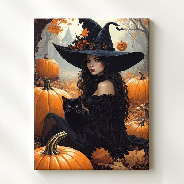 Chic Witch & Cat Canvas – Enchanting Halloween Scene with Pumpkins - Gifitto