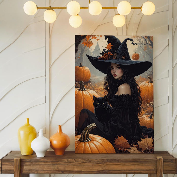 Chic Witch & Cat Canvas – Enchanting Halloween Scene with Pumpkins - Gifitto