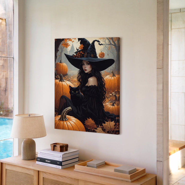 Chic Witch & Cat Canvas – Enchanting Halloween Scene with Pumpkins - Gifitto