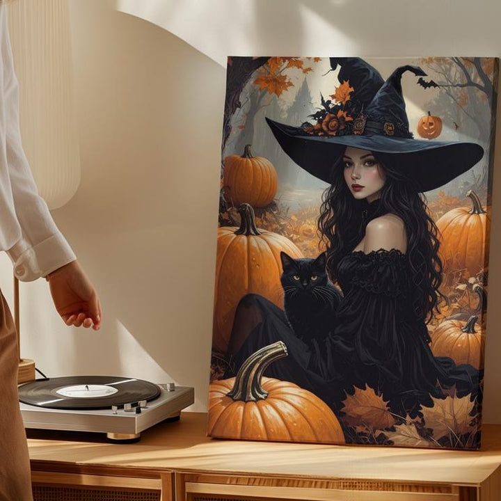 Chic Witch & Cat Canvas – Enchanting Halloween Scene with Pumpkins - Gifitto