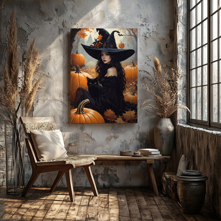 Chic Witch & Cat Canvas – Enchanting Halloween Scene with Pumpkins - Gifitto
