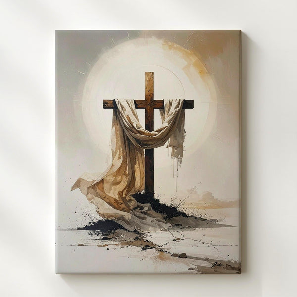Abstract Cross with Draped Cloth Canvas – Minimalist Resurrection Light Art - Gifitto