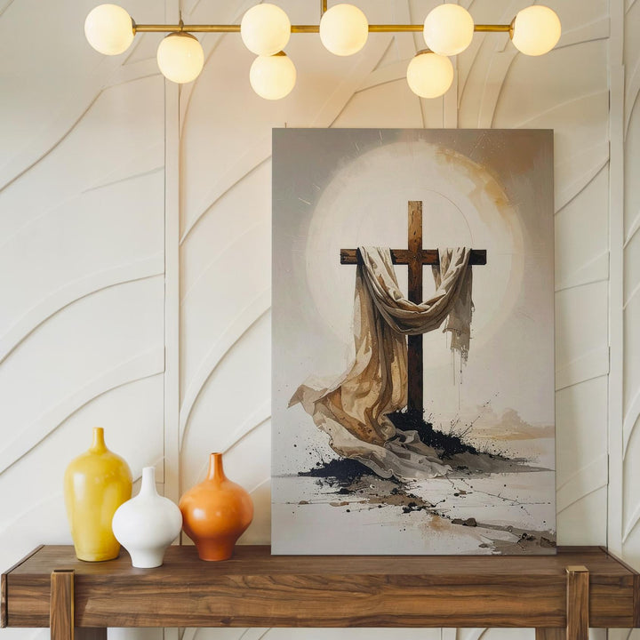 Abstract Cross with Draped Cloth Canvas – Minimalist Resurrection Light Art - Gifitto