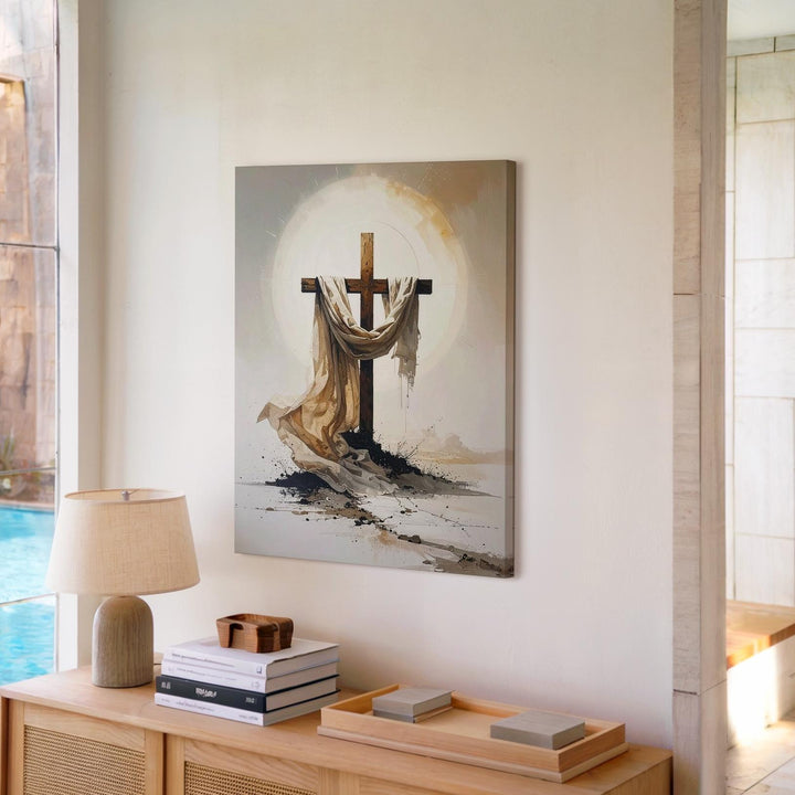 Abstract Cross with Draped Cloth Canvas – Minimalist Resurrection Light Art - Gifitto