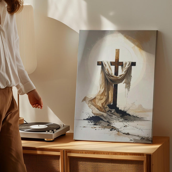 Abstract Cross with Draped Cloth Canvas – Minimalist Resurrection Light Art - Gifitto