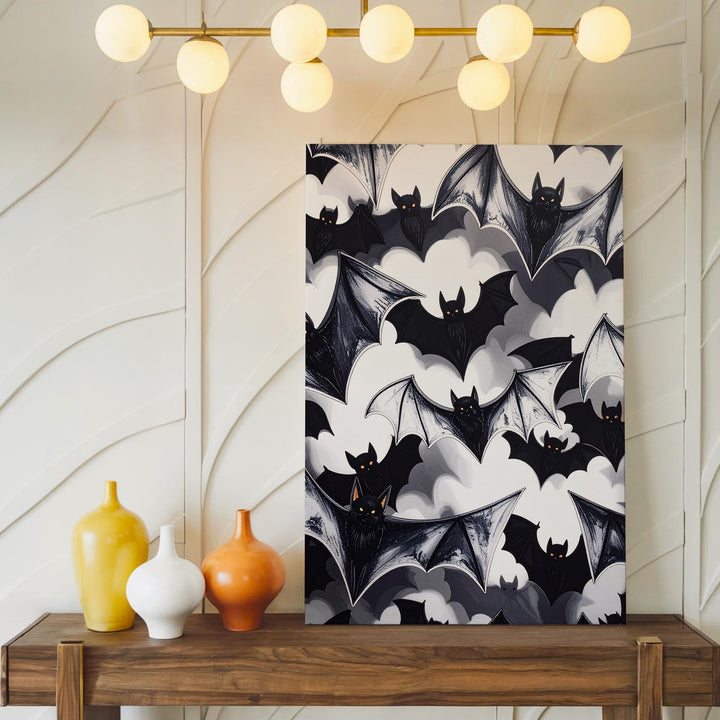 Minimalist Bat Silhouette Canvas – Bold Black & White Halloween Art - Gifitto