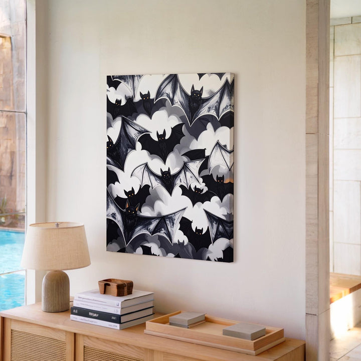 Minimalist Bat Silhouette Canvas – Bold Black & White Halloween Art - Gifitto