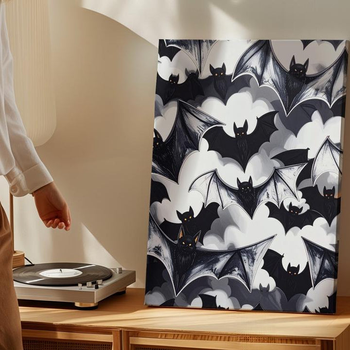 Minimalist Bat Silhouette Canvas – Bold Black & White Halloween Art - Gifitto