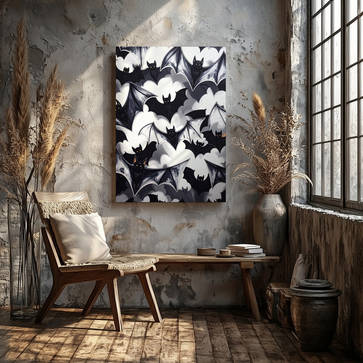 Minimalist Bat Silhouette Canvas – Bold Black & White Halloween Art - Gifitto