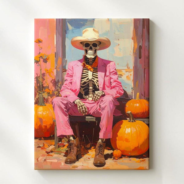 Bold Cowboy Skeleton Canvas – Pink Suit Halloween Art with Pumpkins - Gifitto