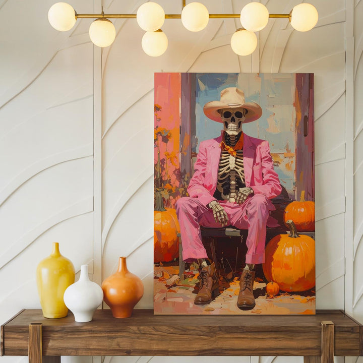 Bold Cowboy Skeleton Canvas – Pink Suit Halloween Art with Pumpkins - Gifitto