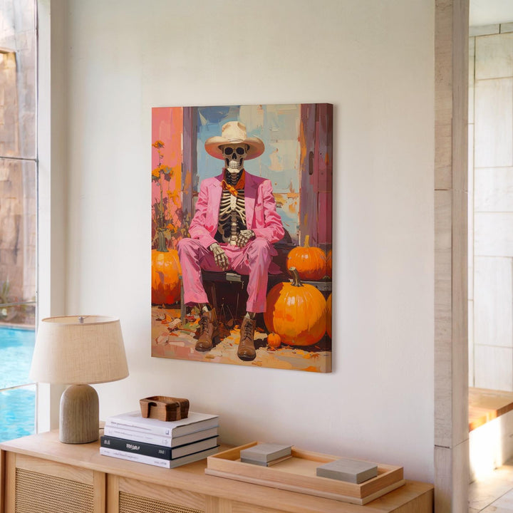 Bold Cowboy Skeleton Canvas – Pink Suit Halloween Art with Pumpkins - Gifitto