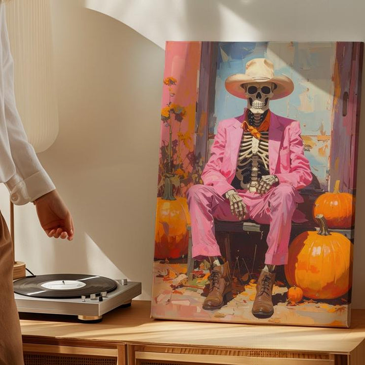 Bold Cowboy Skeleton Canvas – Pink Suit Halloween Art with Pumpkins - Gifitto